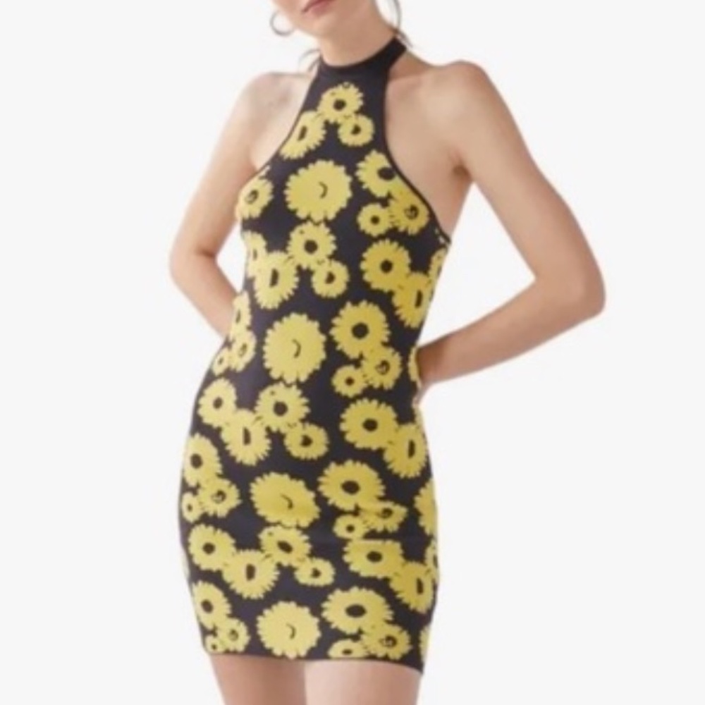 UO Women Small Knit Mini Halter Dress Racer Back Y2K Clueless Daisy Sunflower